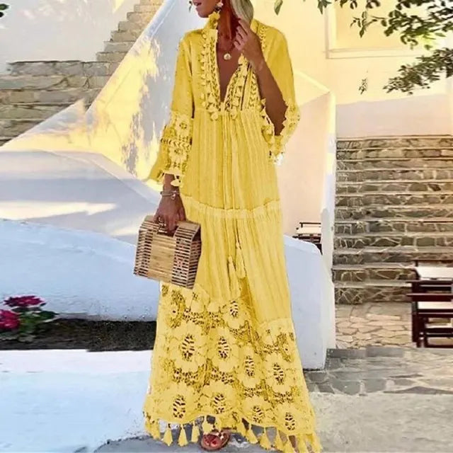 Lune London | Long bohemian dress with lace and tassels
