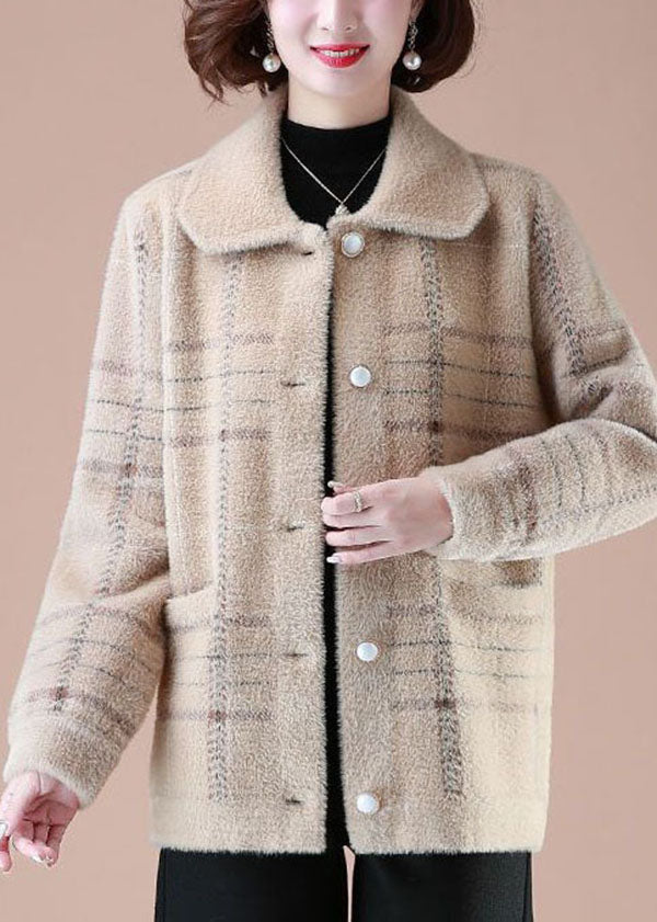 Lune London | Camel Printed Mink Fur Knitted Coats Square Collar Button Winter