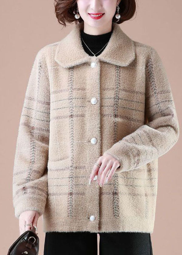 Lune London | Camel Printed Mink Fur Knitted Coats Square Collar Button Winter