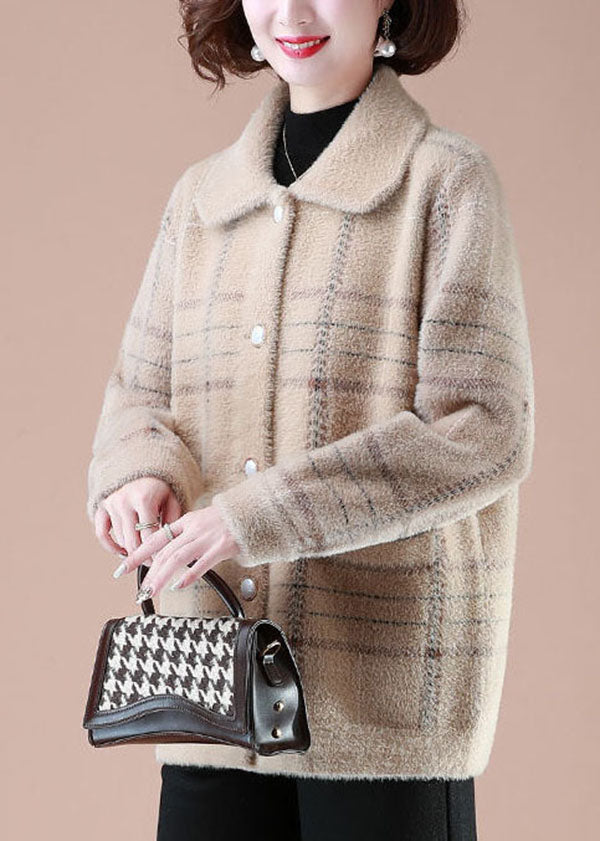 Lune London | Camel Printed Mink Fur Knitted Coats Square Collar Button Winter