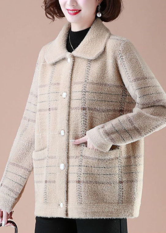 Lune London | Camel Printed Mink Fur Knitted Coats Square Collar Button Winter