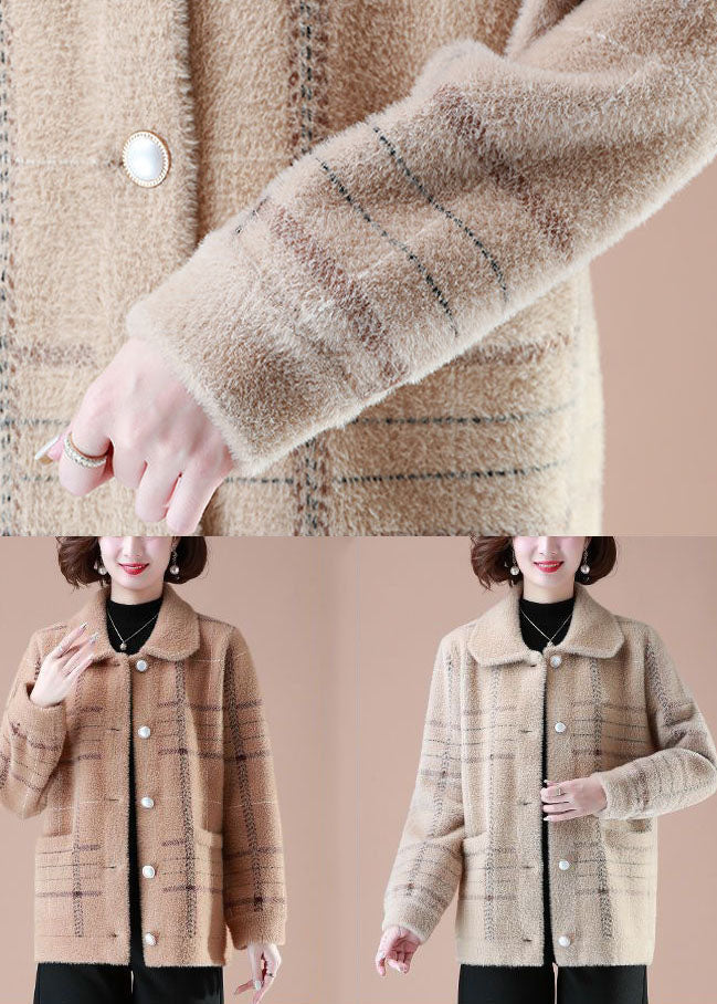 Lune London | Camel Printed Mink Fur Knitted Coats Square Collar Button Winter