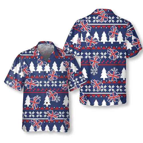 Lune London | London Chemise hawaïenne moche de Noël, chemise de Noël avec drapeau de l'Angleterre pour hommes