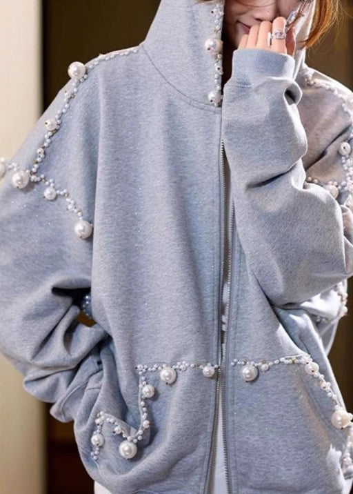 Lune London | Gray hooded coat with cotton pearl pockets