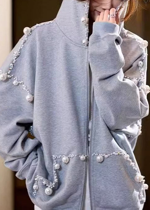 Lune London | Gray hooded coat with cotton pearl pockets