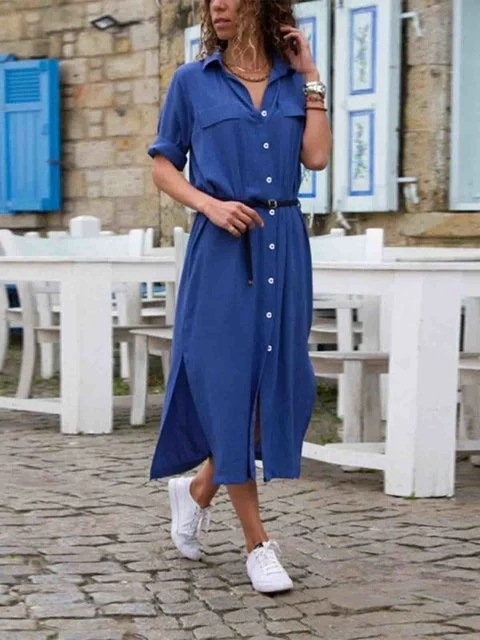 Lune London | Elegant Button-Down Shirt Dress for Women Long Sleeve Blouse Dress in Bohemian Style with Belt