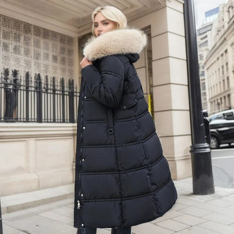 Lune London | Long Winter Jacket Puffer Design Faux Fur Hood Tailored Belt Warm and Insulating