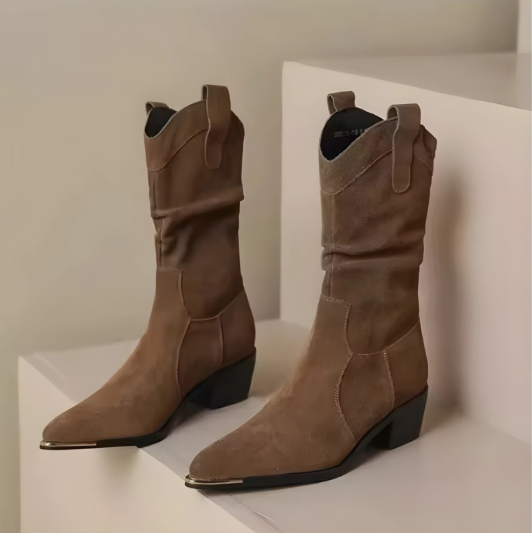 Lune London | Boots - Suede look - Thigh high - Pointed metal cap - Block heel