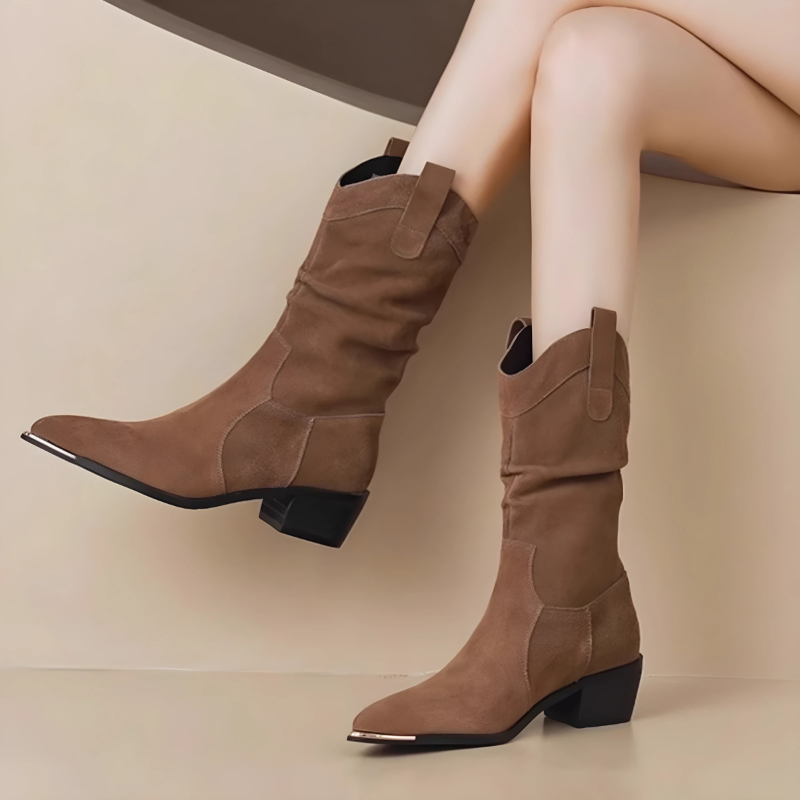 Lune London | Boots - Suede look - Thigh high - Pointed metal cap - Block heel