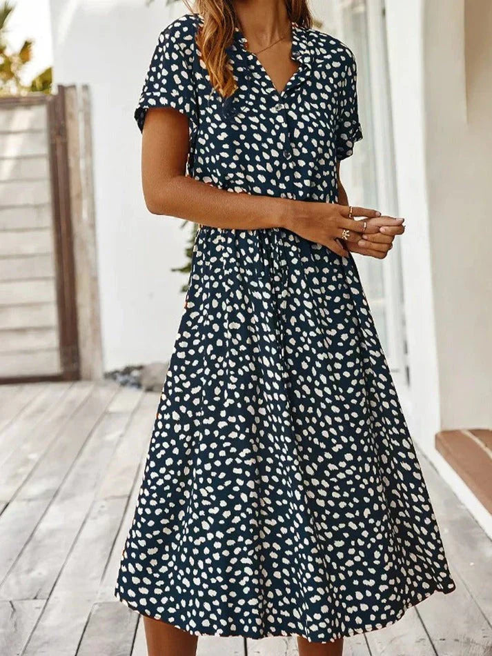 Lune London | Elegant Short Sleeve Shirt Dress with Polka Dots and Drawstring at the Waist