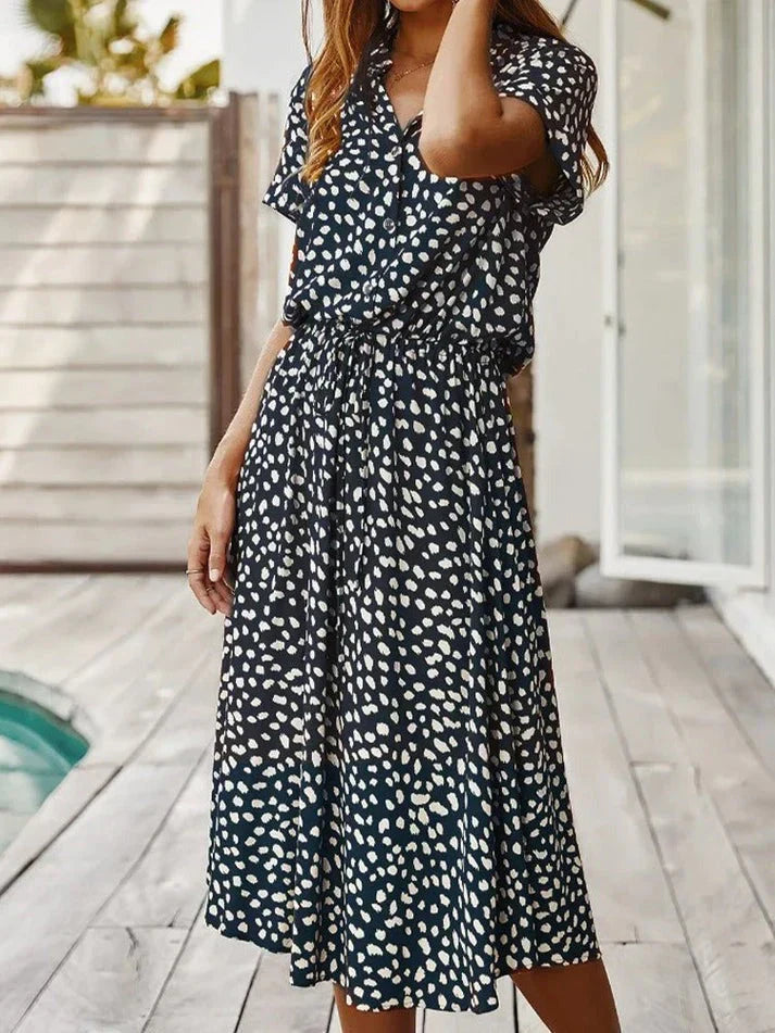 Lune London | Elegant Short Sleeve Shirt Dress with Polka Dots and Drawstring at the Waist