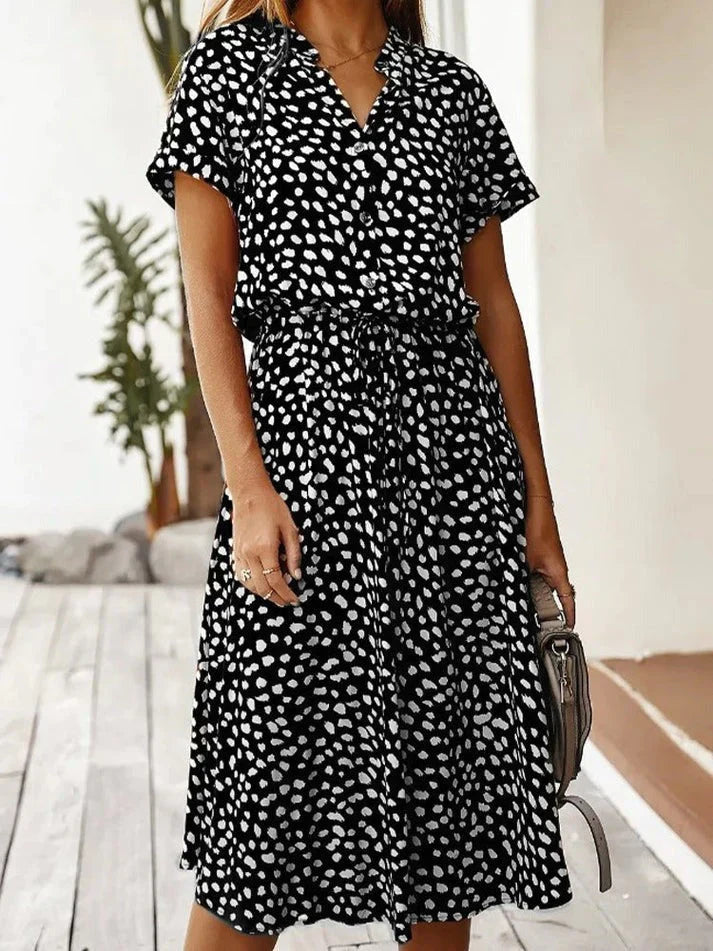 Lune London | Elegant Short Sleeve Shirt Dress with Polka Dots and Drawstring at the Waist