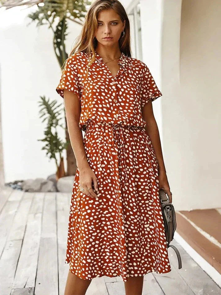 Lune London | Elegant Short Sleeve Shirt Dress with Polka Dots and Drawstring at the Waist