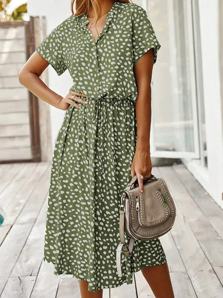Lune London | Elegant Short Sleeve Shirt Dress with Polka Dots and Drawstring at the Waist