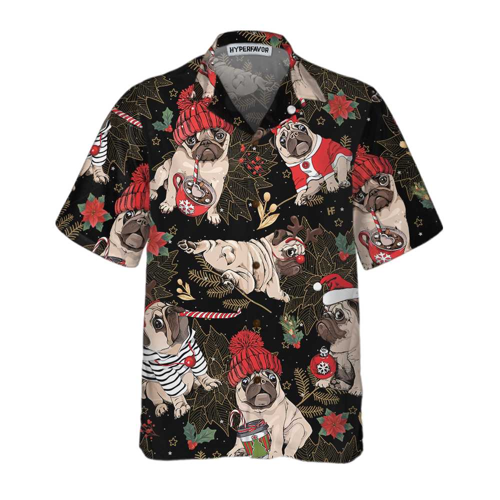 Lune London | Joyful Hawaiian shirt of Pug Party, fun Christmas Pug dog T-shirt for men