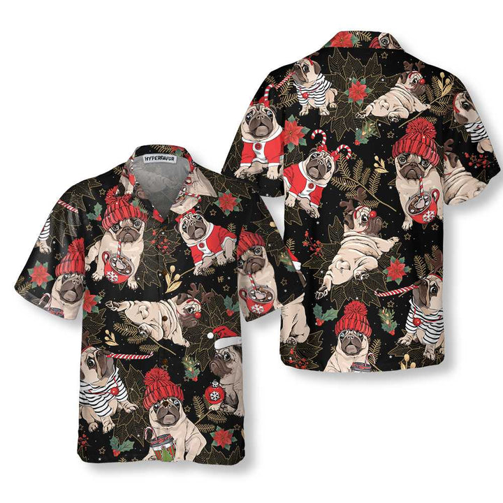 Lune London | Joyful Hawaiian shirt of Pug Party, fun Christmas Pug dog T-shirt for men