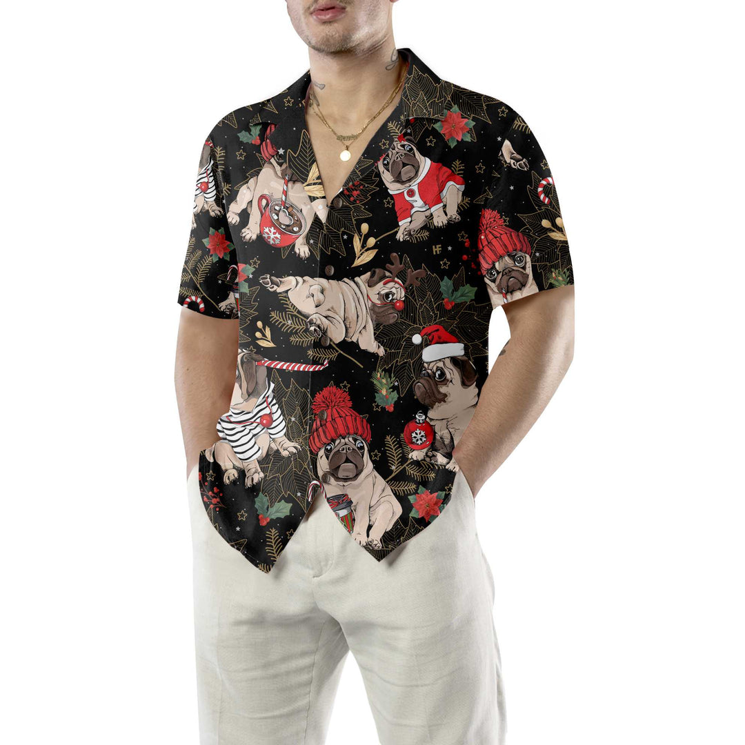Lune London | Joyful Hawaiian shirt of Pug Party, fun Christmas Pug dog T-shirt for men
