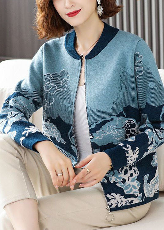 Lune London | Blue crew neck knit jacket with zipper and printed long sleeves
