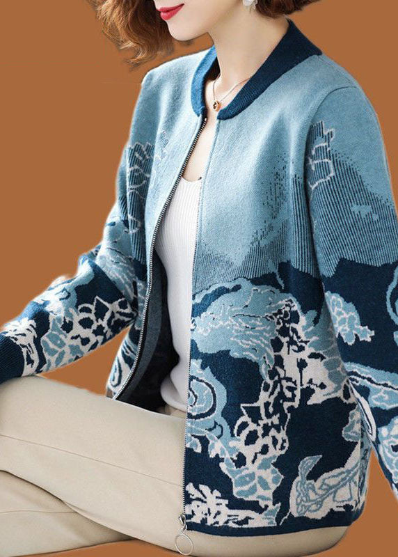 Lune London | Blue crew neck knit jacket with zipper and printed long sleeves