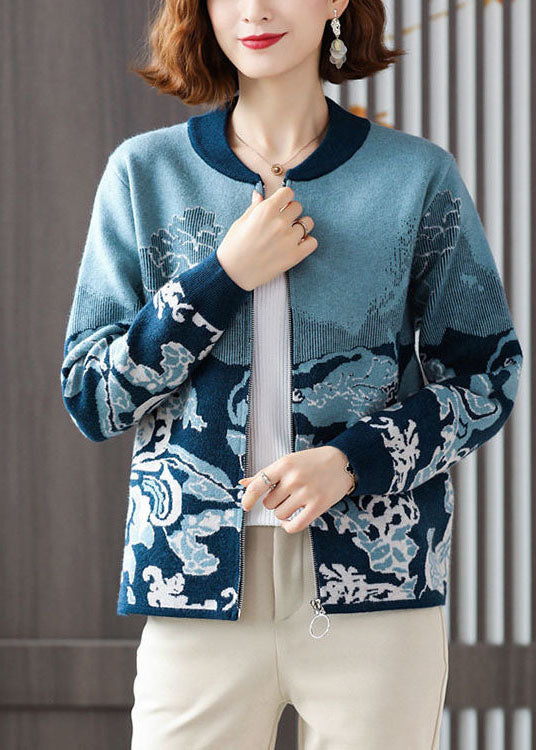 Lune London | Blue crew neck knit jacket with zipper and printed long sleeves