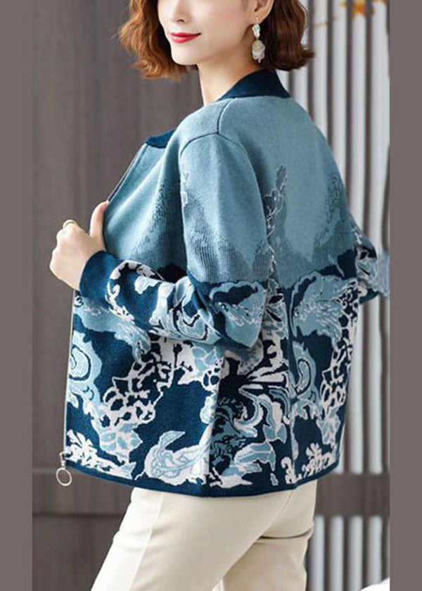 Lune London | Blue crew neck knit jacket with zipper and printed long sleeves