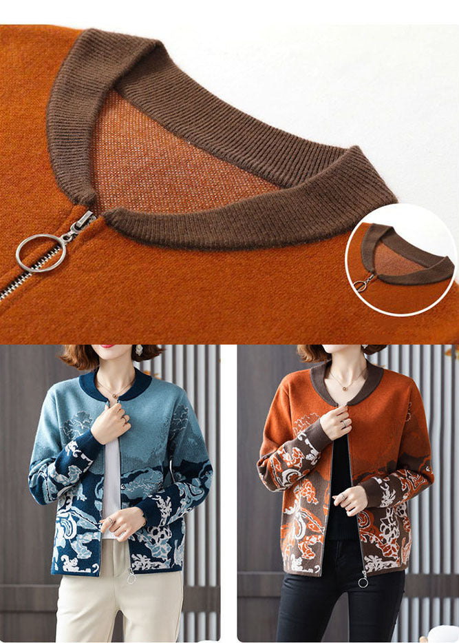 Lune London | Blue crew neck knit jacket with zipper and printed long sleeves