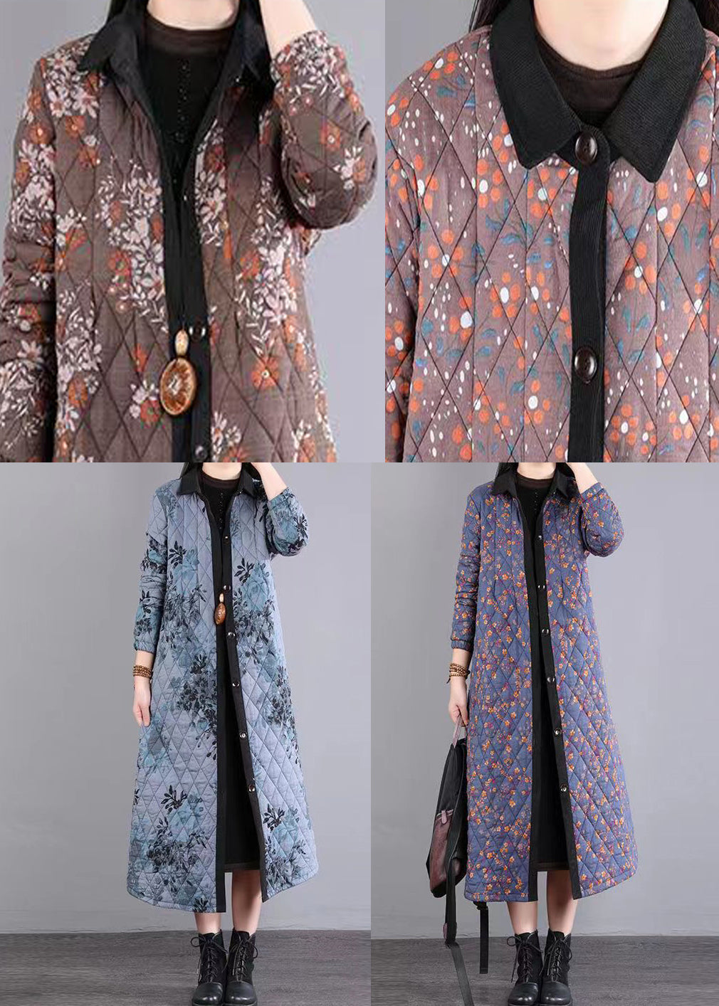 Chic und Stil | Winter coats made of fine cotton patchwork with blue Peter Pan collar