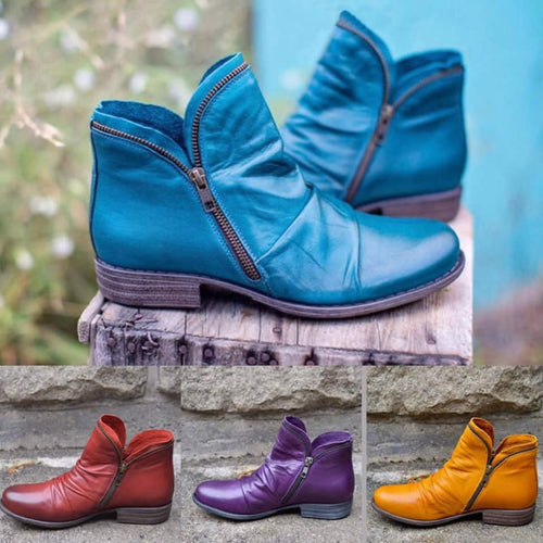 Lune London | Ankle Boots - Leather - Round Toe - Asymmetrical Design - Low Heel - Side Zipper