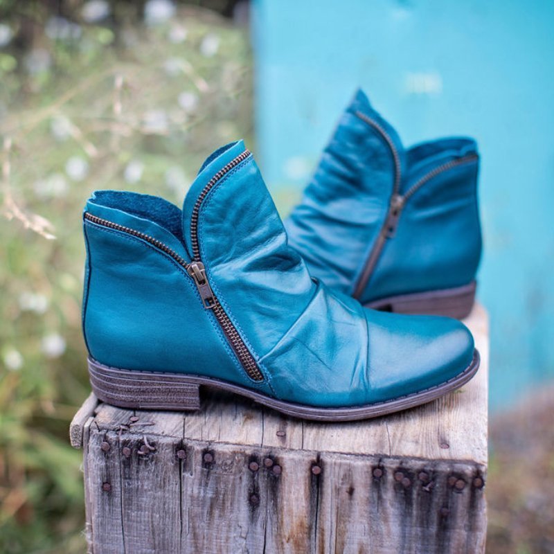 Lune London | Ankle Boots - Leather - Round Toe - Asymmetrical Design - Low Heel - Side Zipper