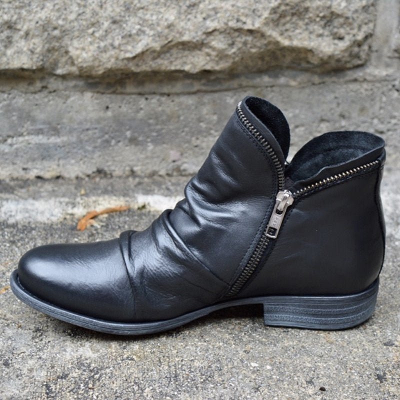 Lune London | Ankle Boots - Leather - Round Toe - Asymmetrical Design - Low Heel - Side Zipper