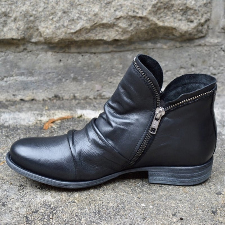 Lune London | Ankle Boots - Leather - Round Toe - Asymmetrical Design - Low Heel - Side Zipper