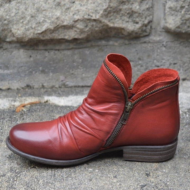 Lune London | Ankle Boots - Leather - Round Toe - Asymmetrical Design - Low Heel - Side Zipper