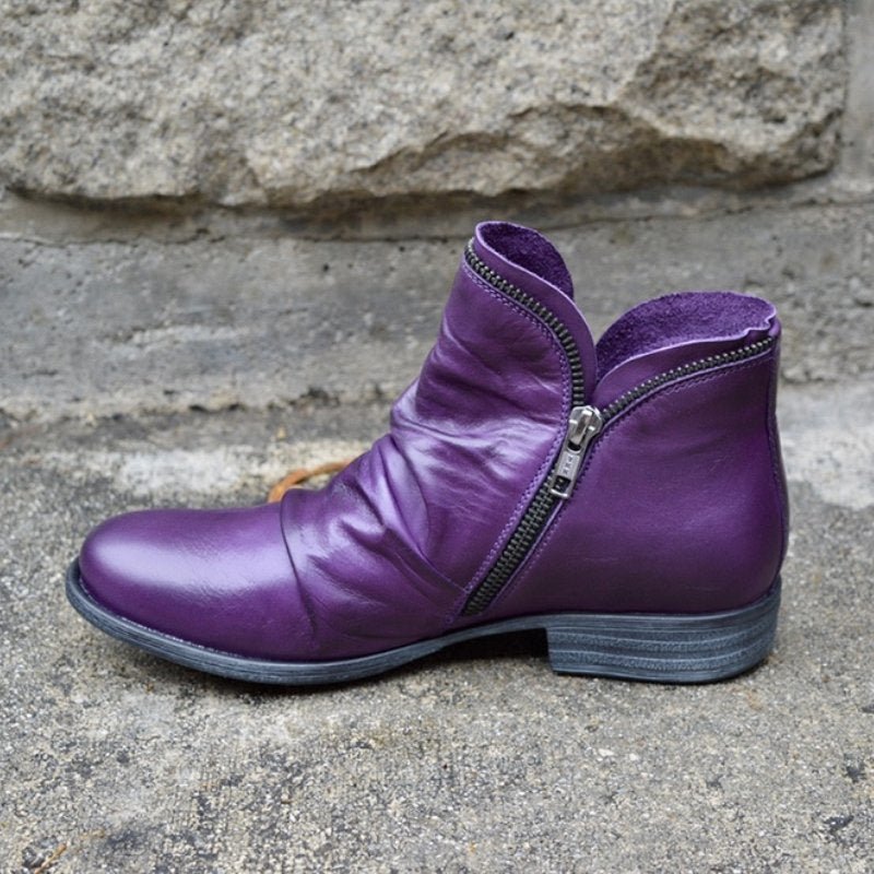 Lune London | Ankle Boots - Leather - Round Toe - Asymmetrical Design - Low Heel - Side Zipper