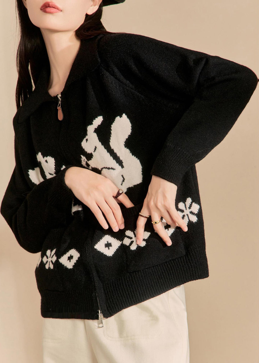 Lune London | Winter knit coats with embroidered black zippered pockets