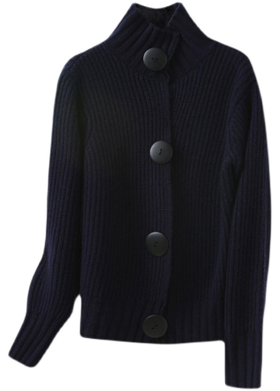Chic und Stil | Buttoned Knit Jacket with Navy Patchwork