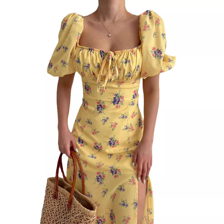 Floral print maxi dress for women with puff sleeves and high slit Chic & Stil