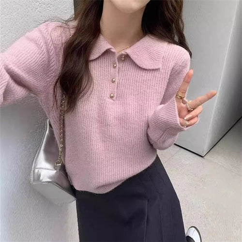 Pull élégant à col polo pour femmes en drap tricot doux