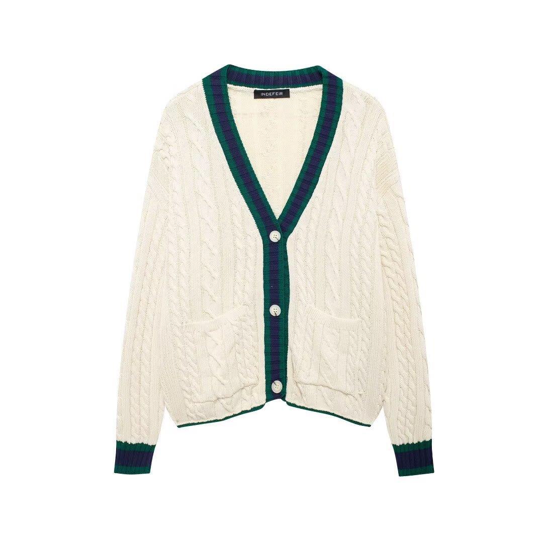 Knit jacket for women with V-neck and decorative cable patterns Lune London