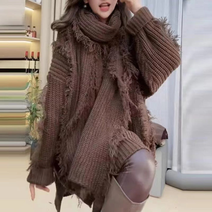 Pull en tricot épais pour femmes avec bords effilochés et décolleté en V Chic & Stil