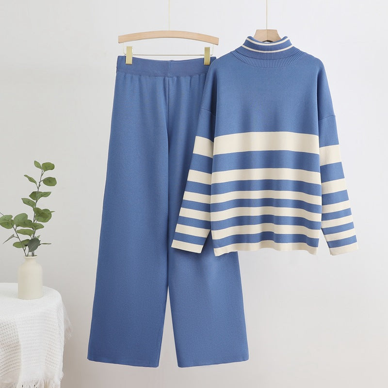 Comfortable knit loungewear set for women with high collar and wide stripes Lune London