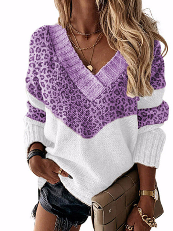 Women's knitted sweater with V-neck and colorful leopard pattern Lune London