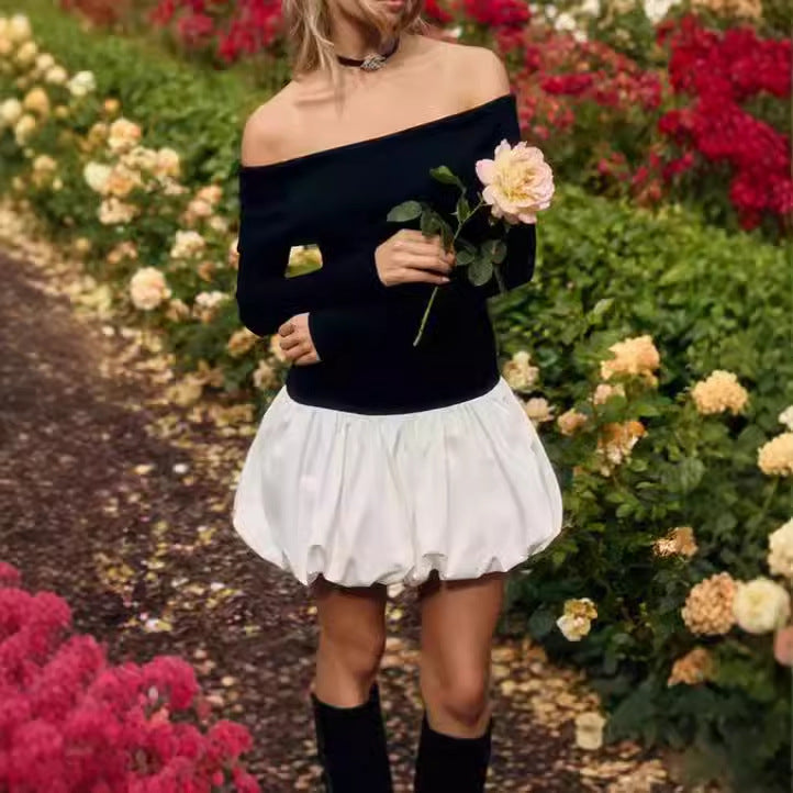 Off-the-shoulder mini dress for women with voluminous skirt and long sleeves Lune London