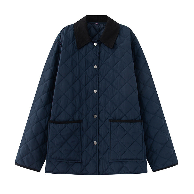 Quilted jacket for women in soft material with contrasting collar and practical pockets Lune London