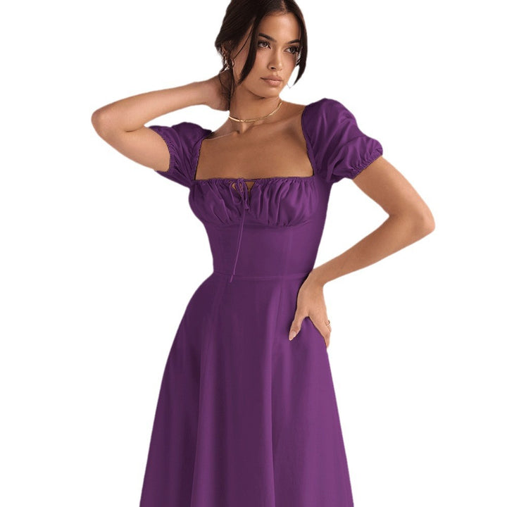 Elegant Midi Dress for Women with Puff Sleeves and Chic Refined Neckline & Style