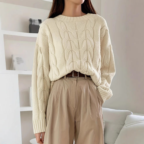 Chunky knit sweater for women with cable design Lune London