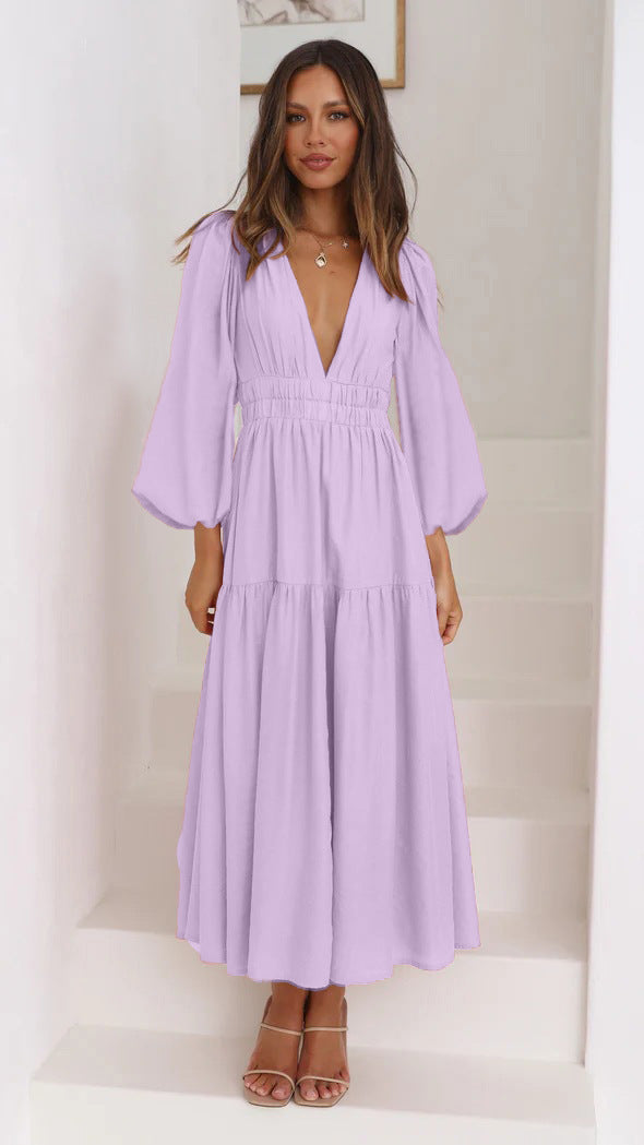Women's Maxi Dress with Deep V-Neck and Wide Flared Sleeves Lune London