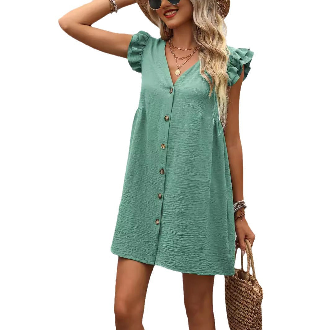 Lightweight wrap dress for women with ruffled details and button placket Lune London