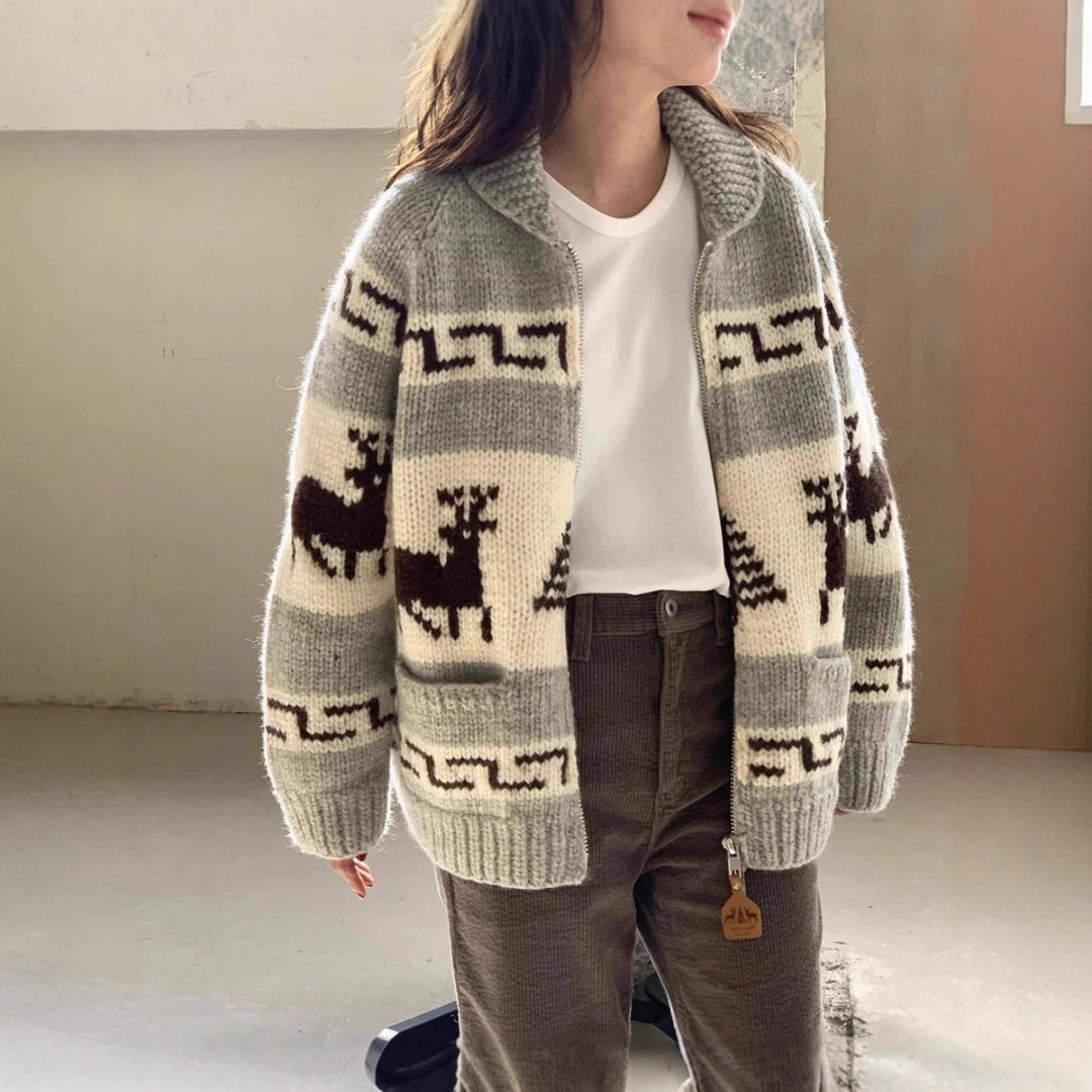 Women's knit jacket with a striking reindeer pattern and high-quality finish Lune London