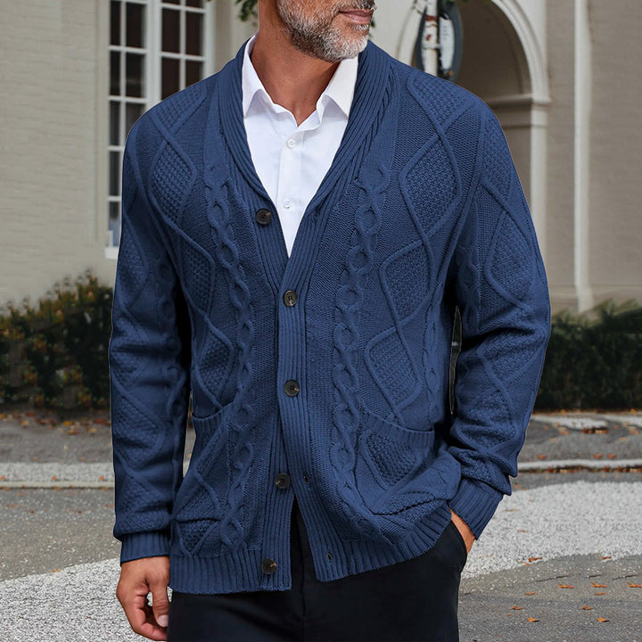 Men's chunky knit jacket with an elegant cable pattern and practical pockets Lune London