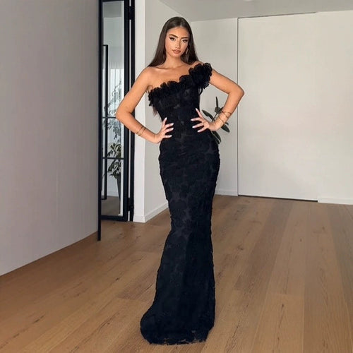 Women's Elegant Evening Dress with Floral Detail and Off-Shoulder Design